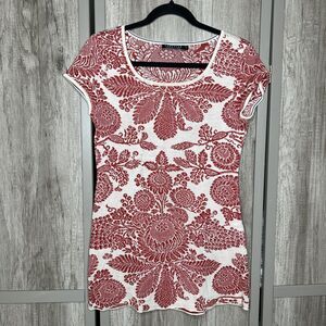 Peruvian Connection Tunic Top Women Size XS Knit Short Sleeve Floral White Red